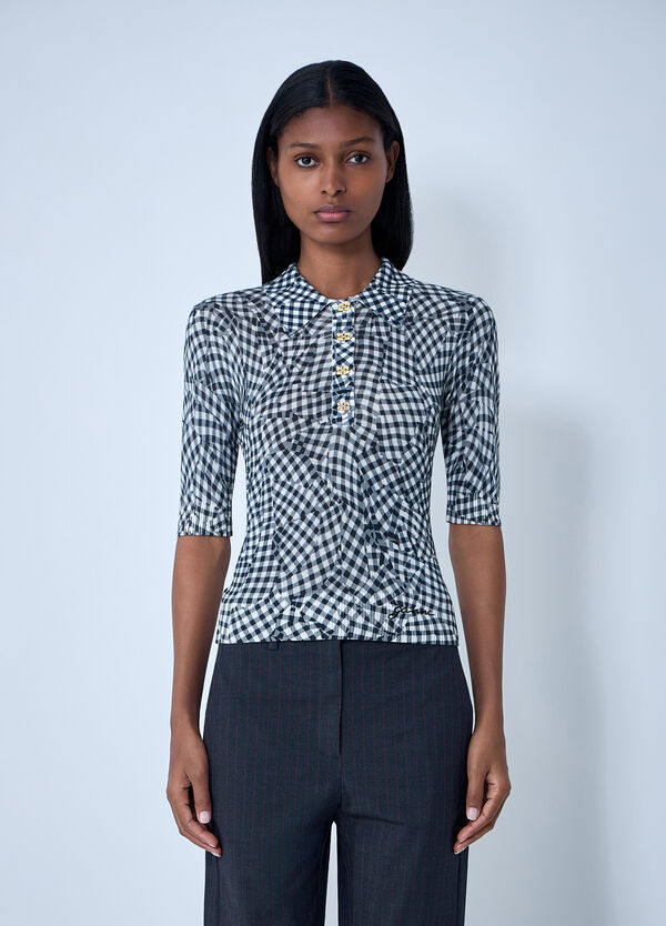 GANNI Mesh Printed Polo Top Black gan0261008